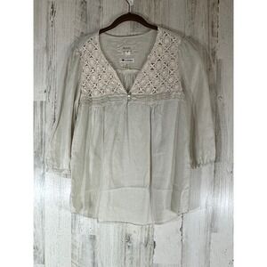 Malvin I Love Linen Blouse Top Size Medium Beige‎ Crochet Lace Trim 3/4 Sleeve